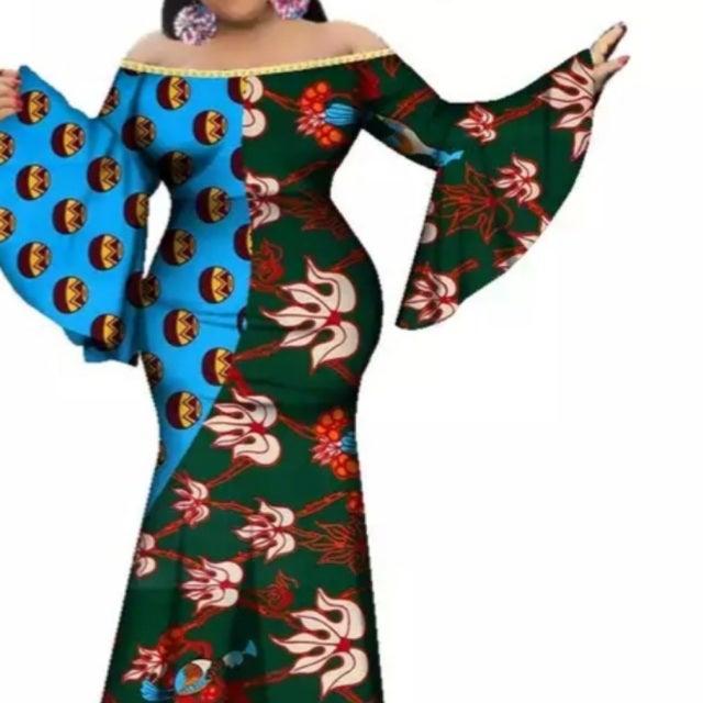 Navy Blue Red Plus Size African Ankara Print Long Shirt Dress With